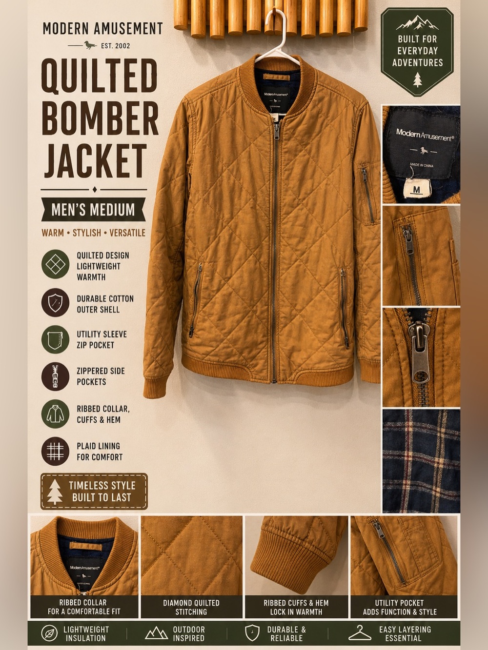 Modern Amusement Quilted Bomber Jacket Men’s Medium Camel Brown Plaid Lined